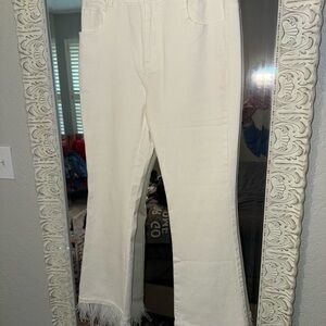 Feather hem white bridal jeans